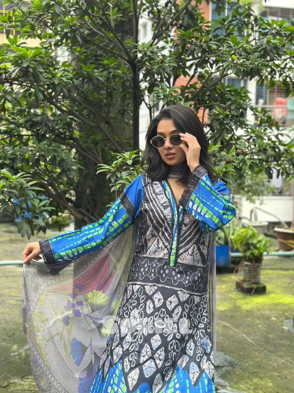 Printed Cotton Dress with Chiffon Dupatta (Blue)