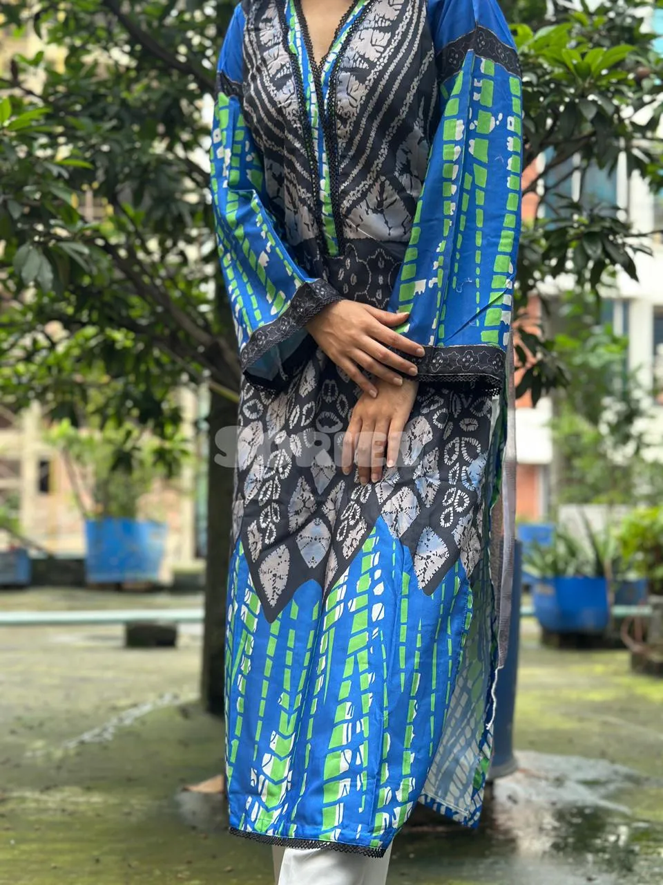 Printed Cotton Dress with Chiffon Dupatta (Blue) - Thumbnail 3
