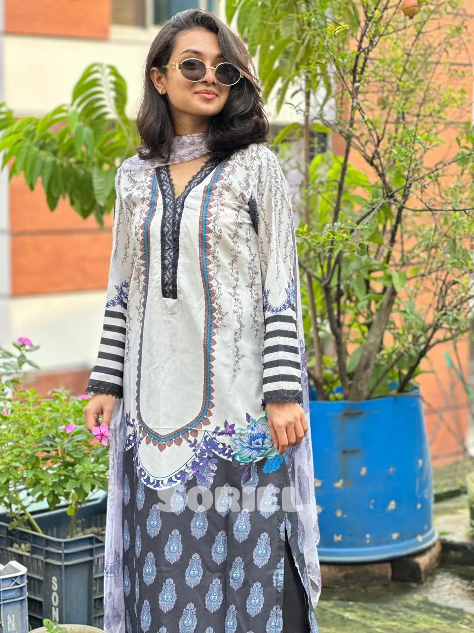 Printed Cotton Dress with Chiffon Dupatta (White)
