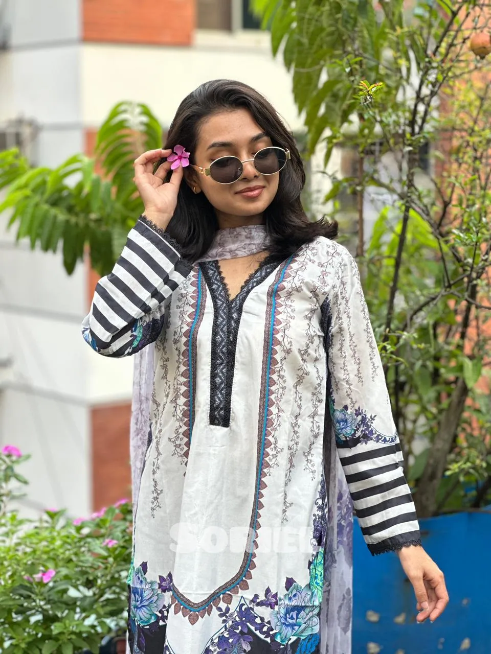 Printed Cotton Dress with Chiffon Dupatta (White)