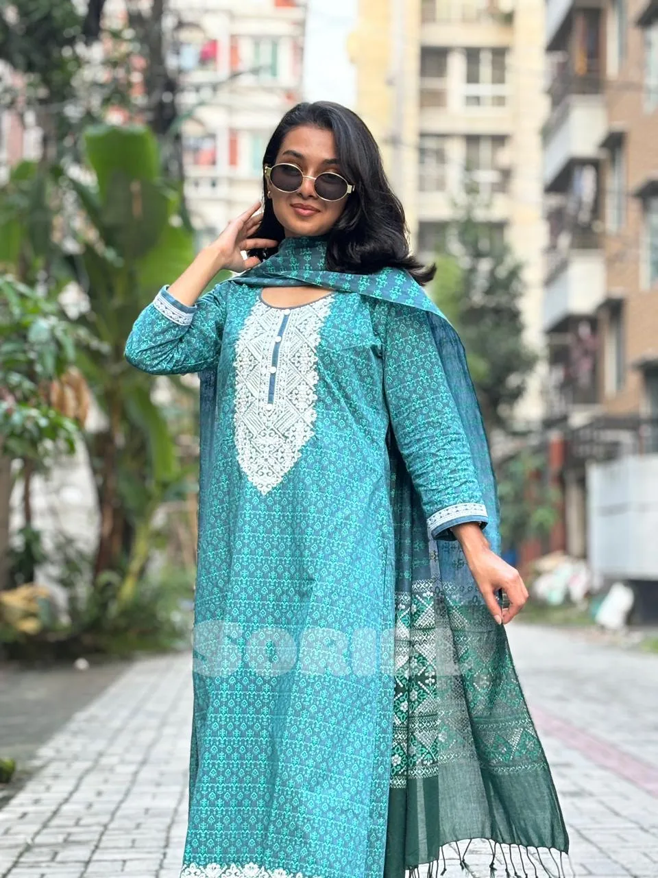 Embroidered & Block Printed Cotton (Sea Green)