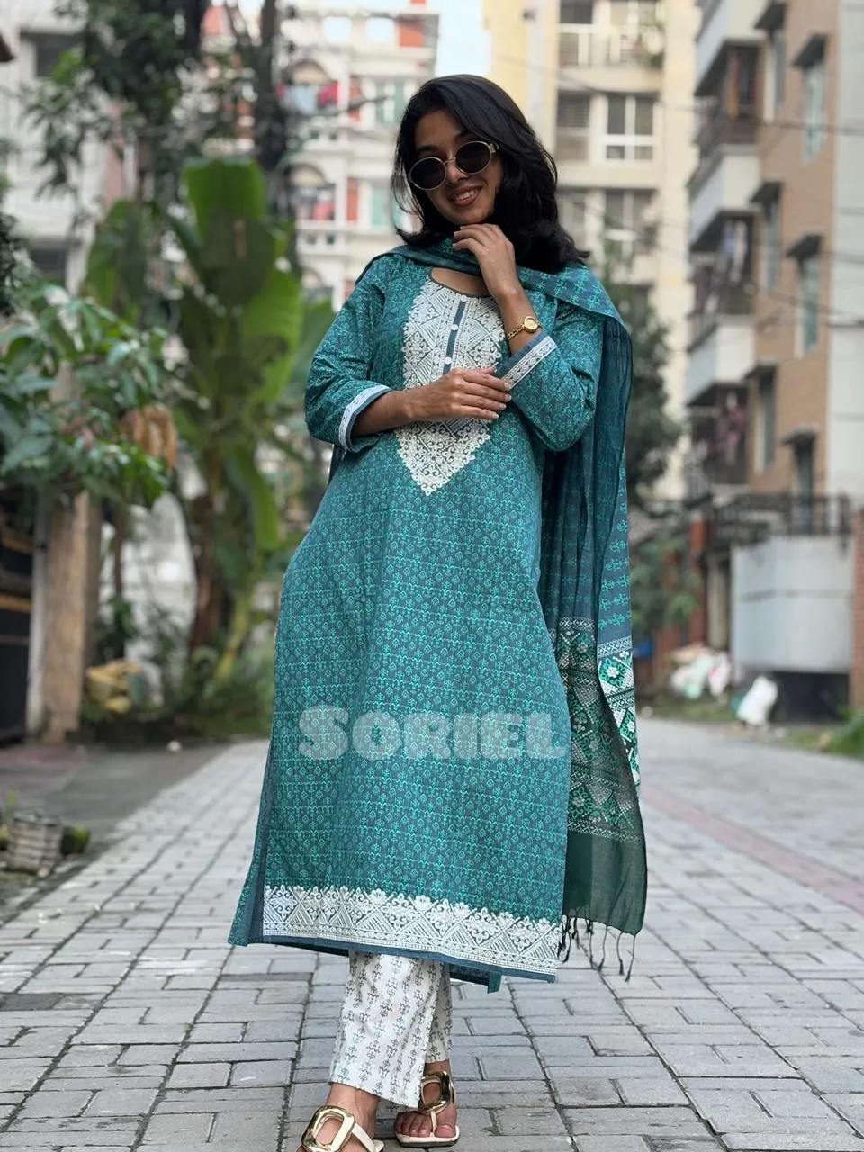 Embroidered & Block Printed Cotton (Sea Green)