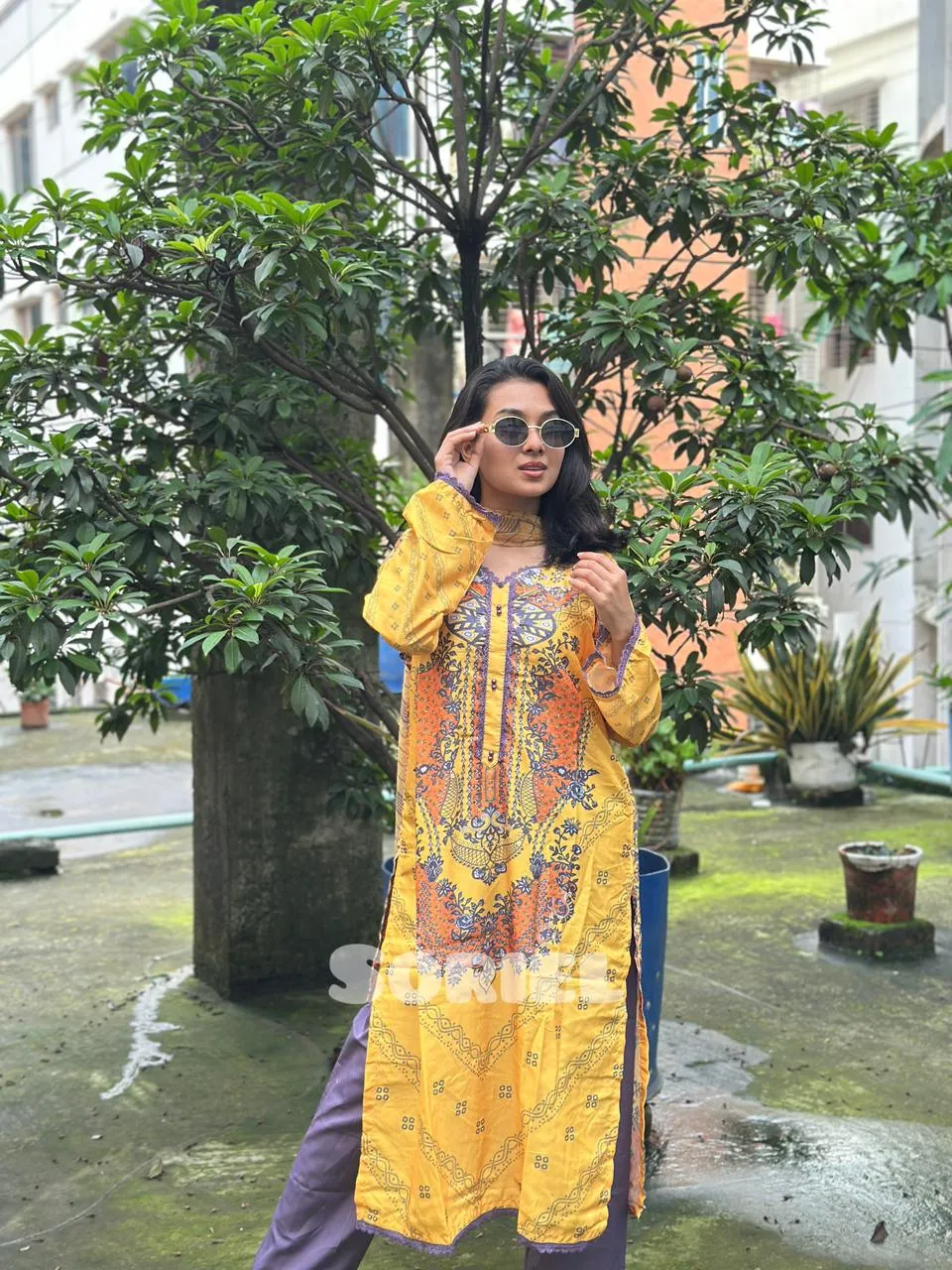 Printed Cotton Dress with Chiffon Dupatta (Yellow)