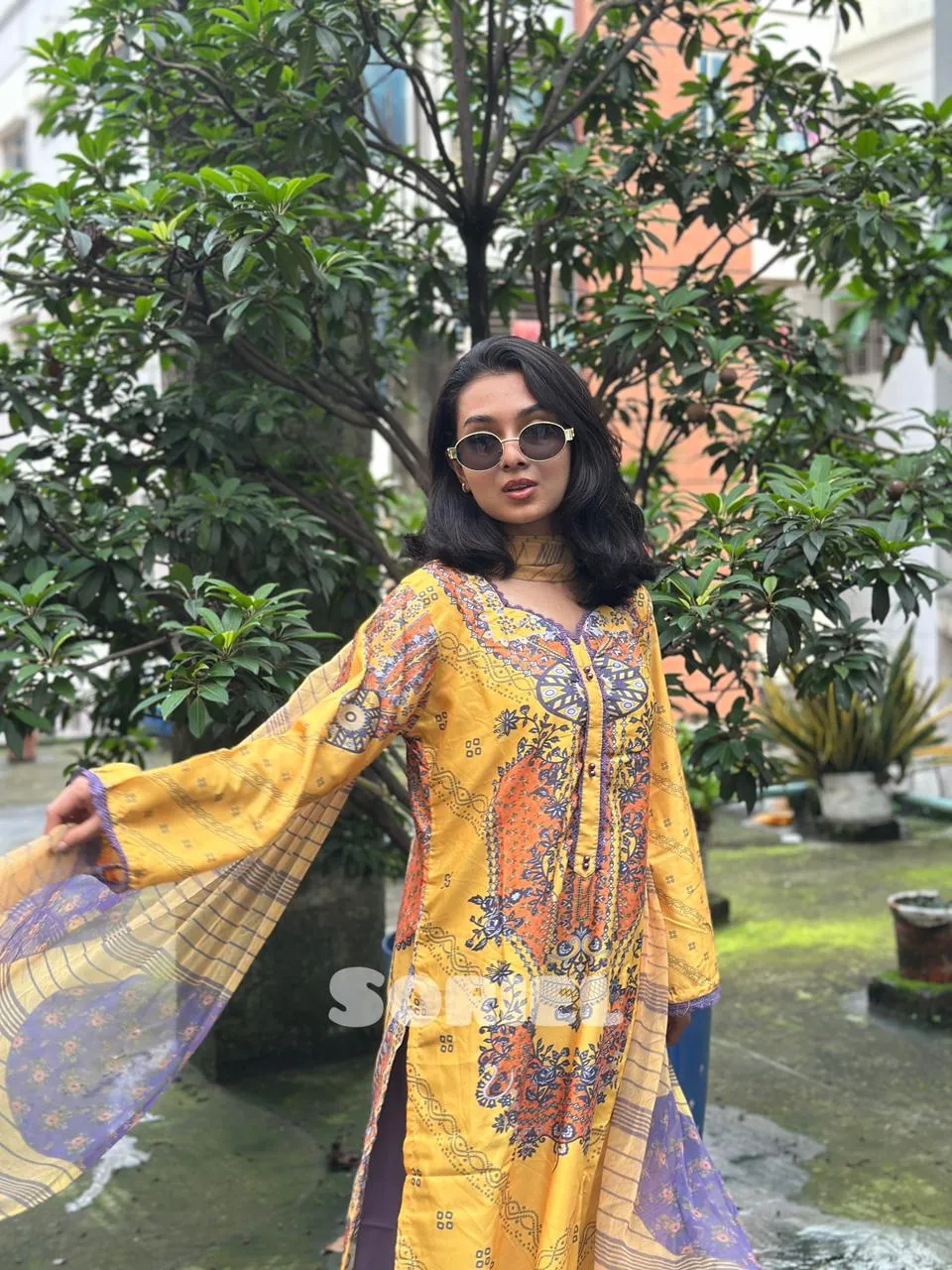 Printed Cotton Dress with Chiffon Dupatta (Yellow)