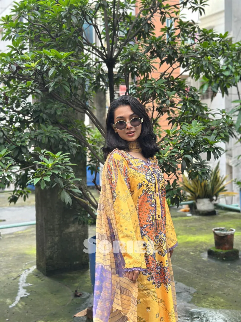 Printed Cotton Dress with Chiffon Dupatta (Yellow) - Thumbnail 3