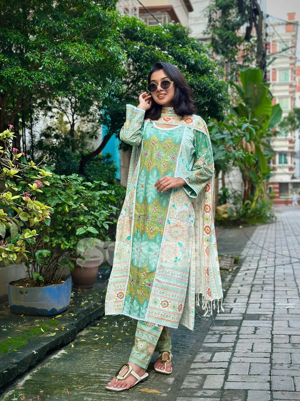 Embroidered & Block Printed Cotton (White/Green)
