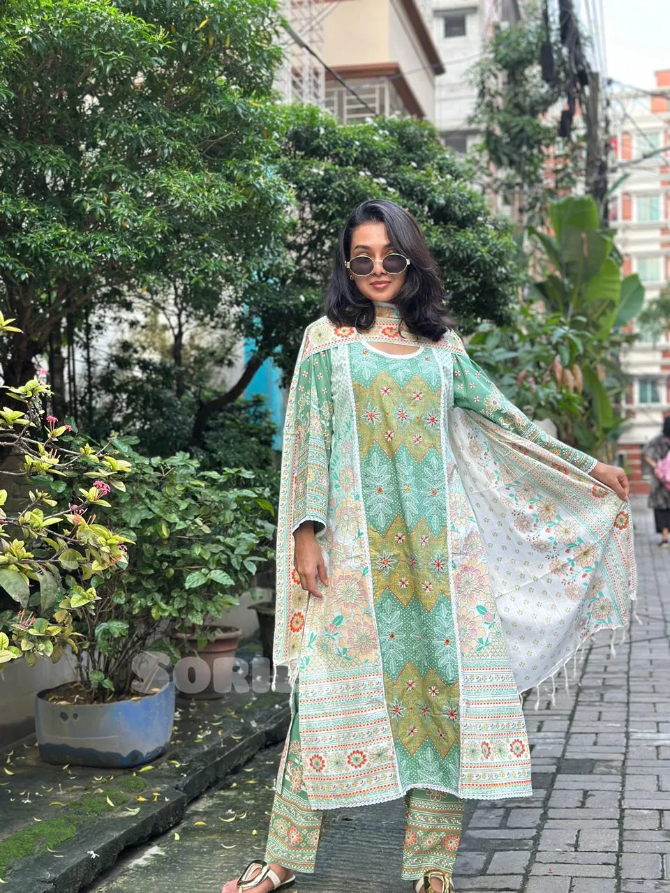 Embroidered & Block Printed Cotton (White/Green)