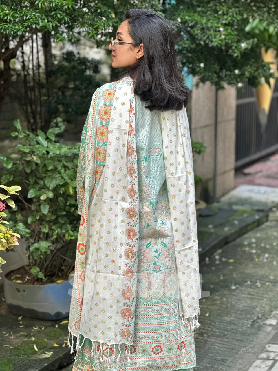 Embroidered & Block Printed Cotton (White/Green) - Thumbnail 3