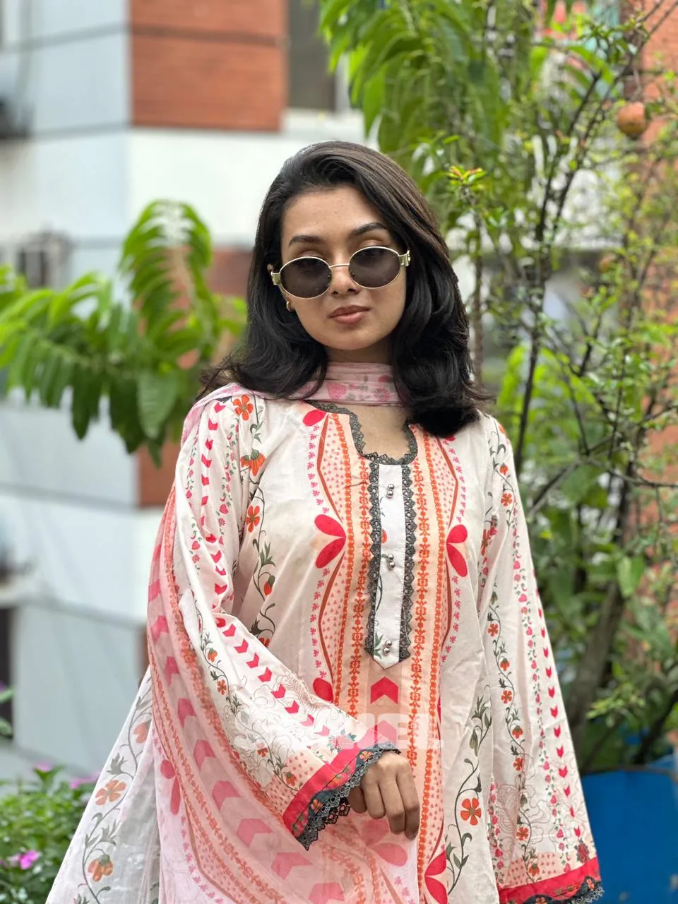 Printed Cotton Dress with Chiffon Dupatta (Melon)