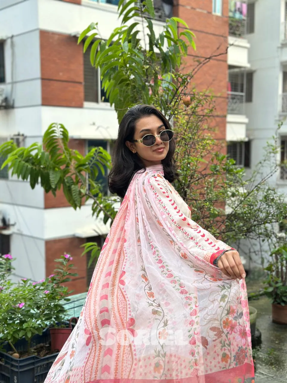 Printed Cotton Dress with Chiffon Dupatta (Melon)