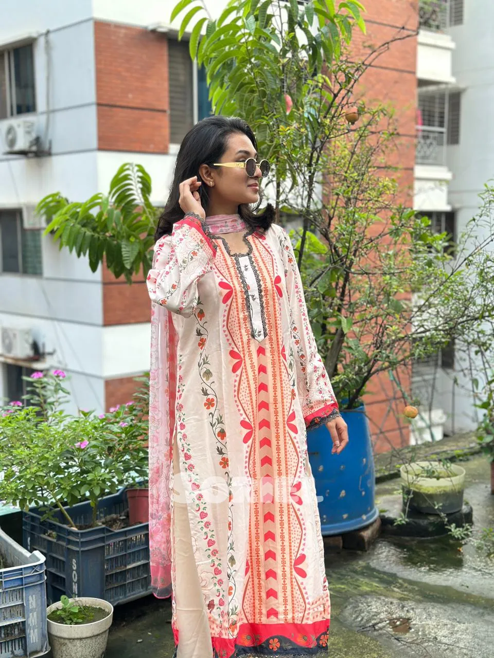 Printed Cotton Dress with Chiffon Dupatta (Melon) - Thumbnail 3