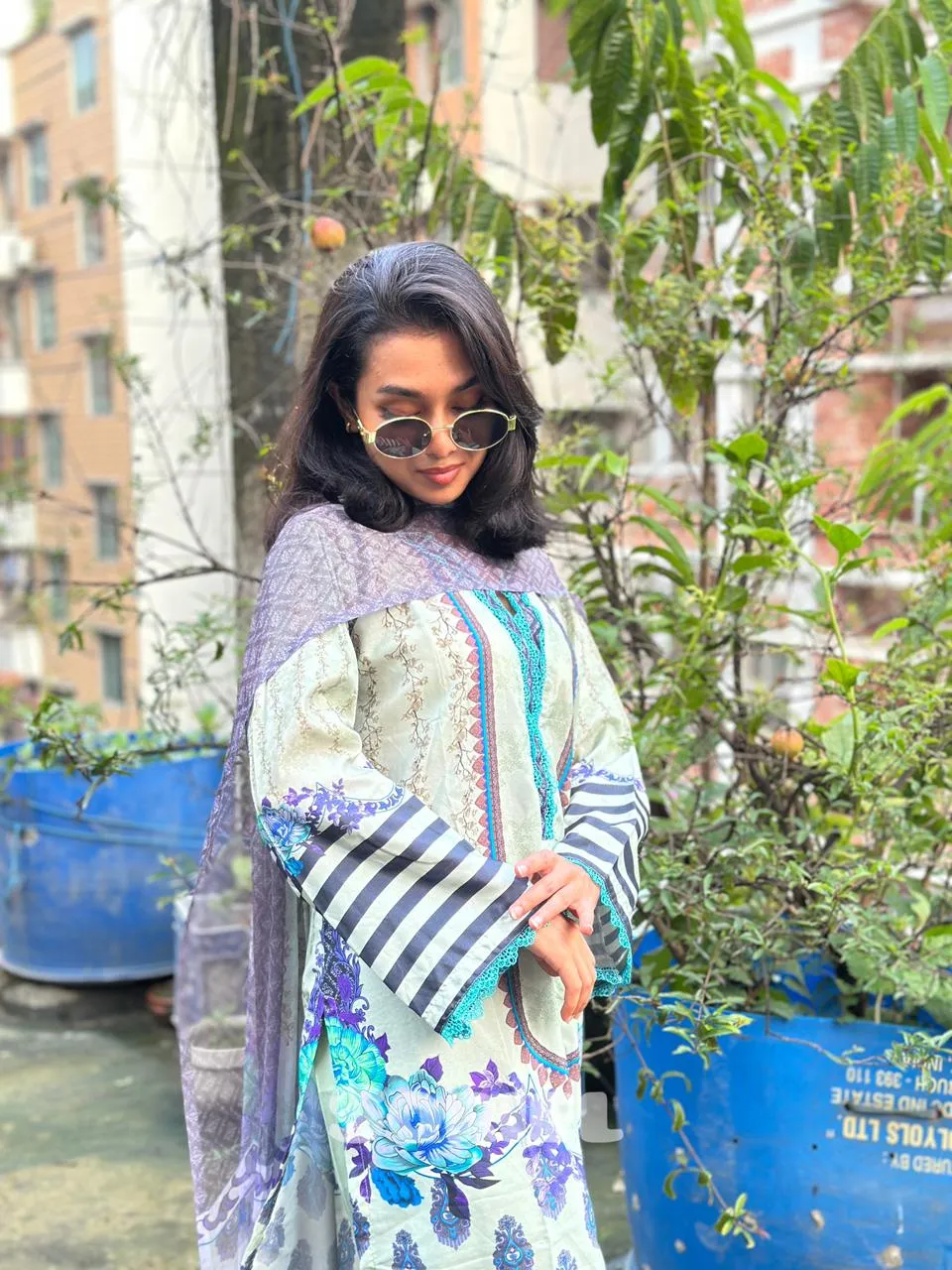 Printed Cotton Dress with Chiffon Dupatta (Mint)