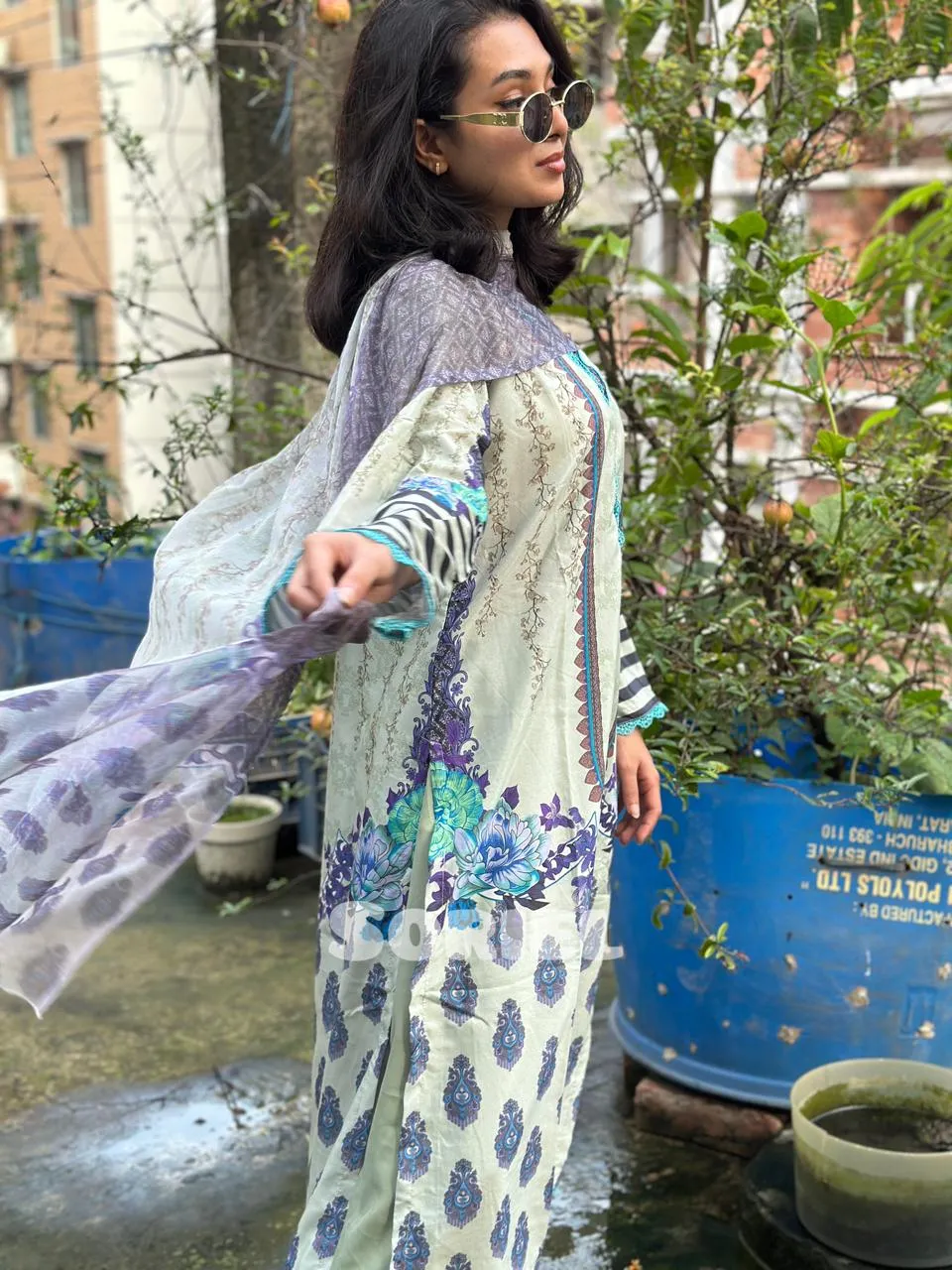 Printed Cotton Dress with Chiffon Dupatta (Mint)