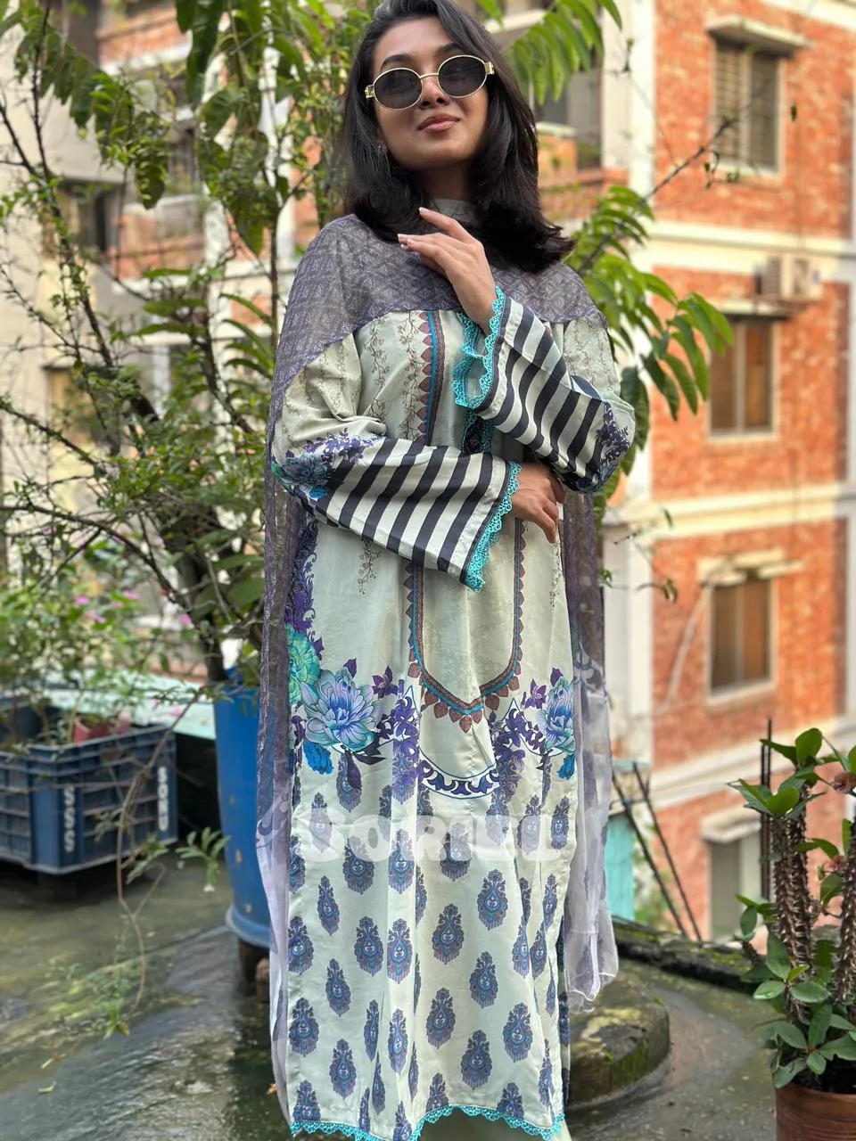Printed Cotton Dress with Chiffon Dupatta (Mint) - Thumbnail 3