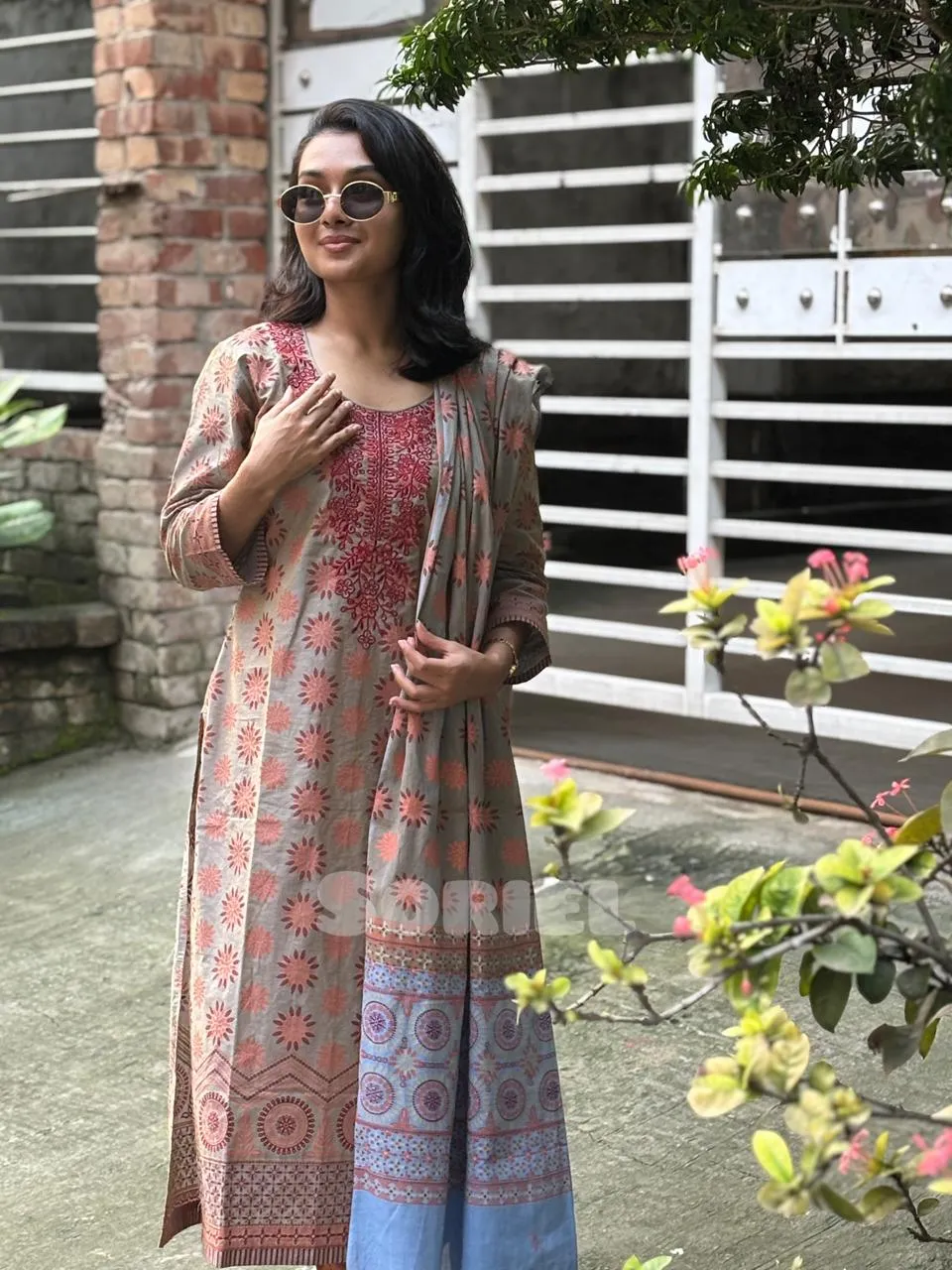 Embroidered & Block Printed Cotton (Grey)
