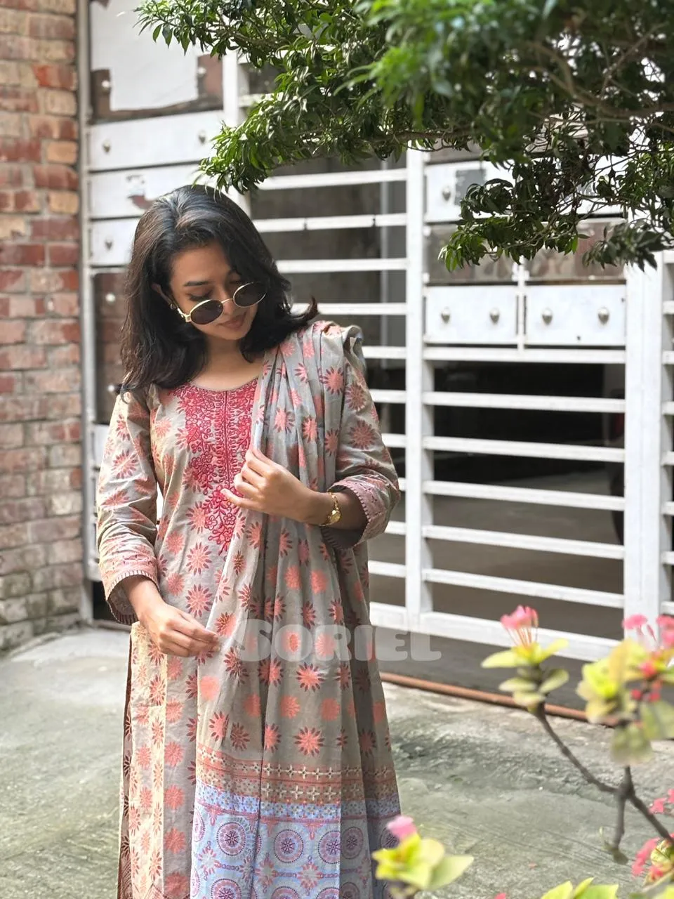 Embroidered & Block Printed Cotton (Grey)