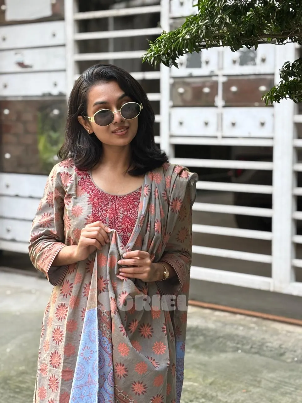 Embroidered & Block Printed Cotton (Grey) - Thumbnail 3