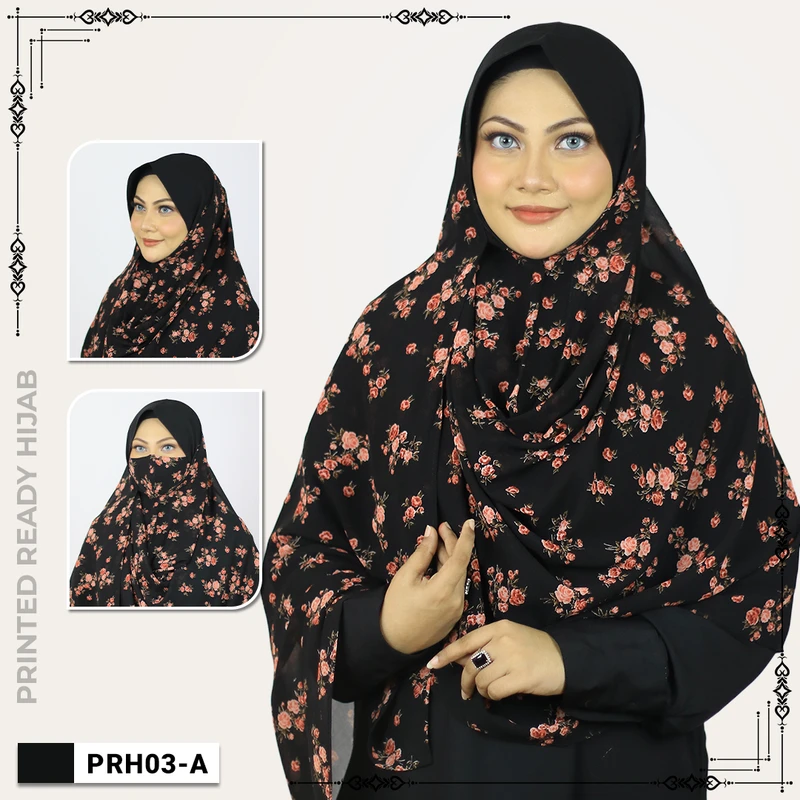 Printed Floral Ready Hijab With Mask -  PRH03 - Image 3