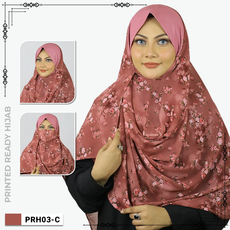 Printed Floral Ready Hijab With Mask -  PRH03 - Image 4