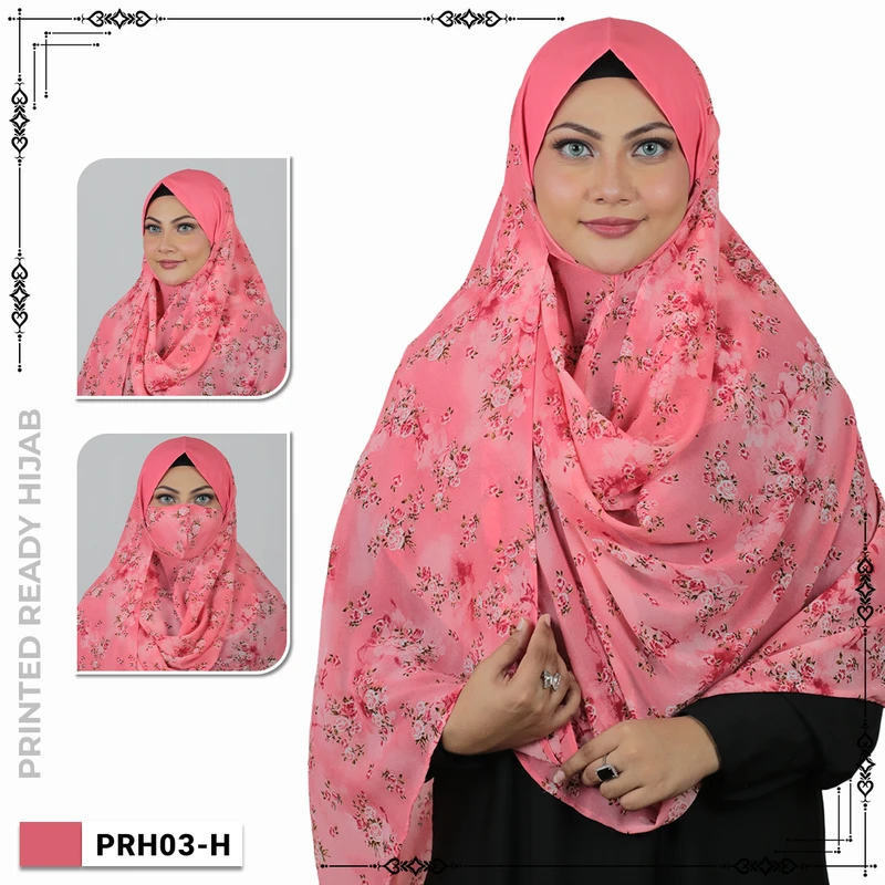 Printed Floral Ready Hijab With Mask -  PRH03