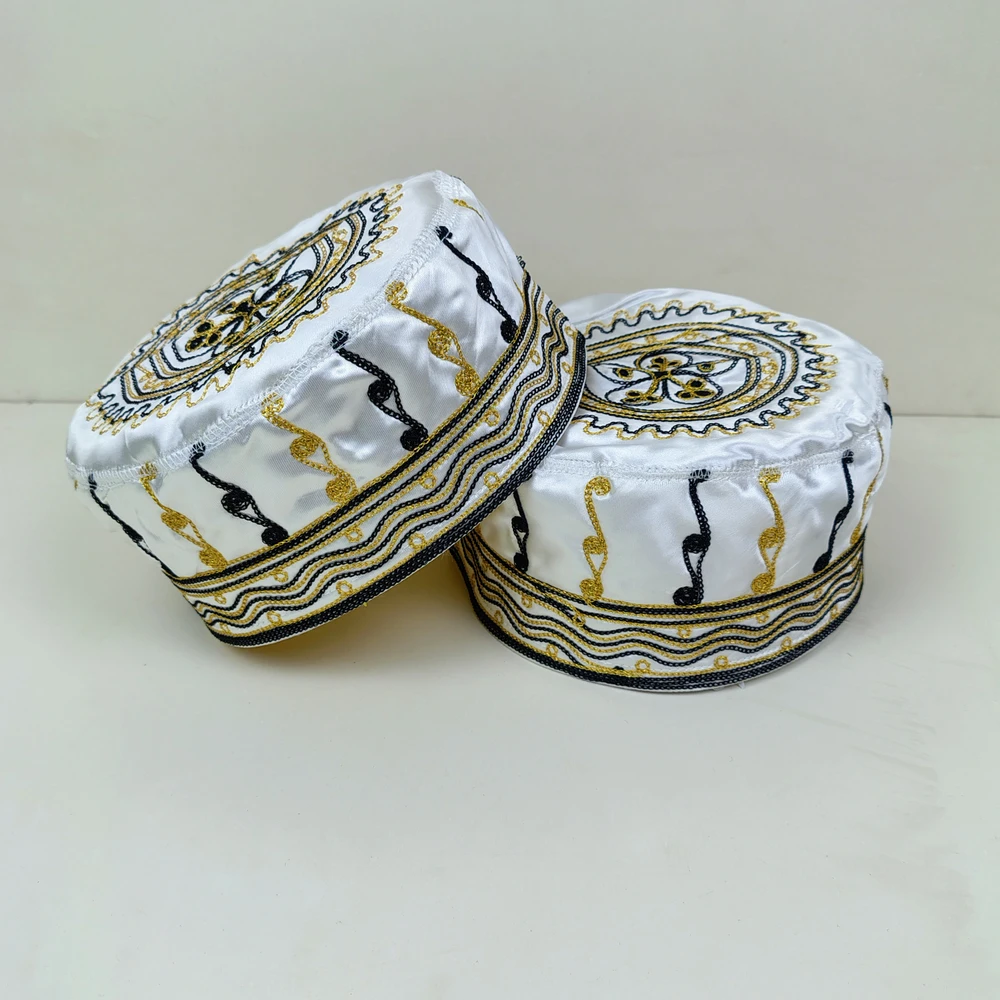 Premium Azhari Tupi – Elegant Islamic Prayer Cap with Gold & Black Embroidery