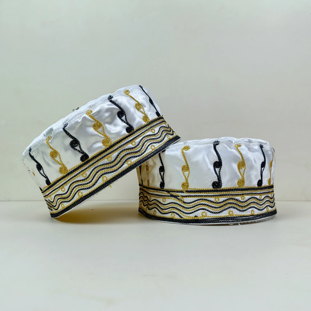 Premium Azhari Tupi – Elegant Islamic Prayer Cap with Gold & Black Embroidery