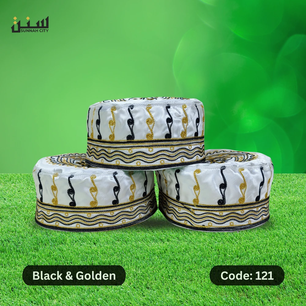 Premium Azhari Tupi – Elegant Islamic Prayer Cap with Gold & Black Embroidery