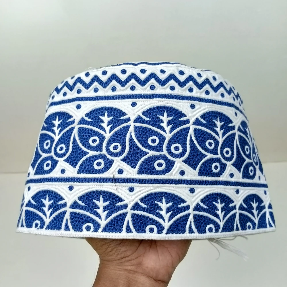 Blue Omani Handmade Tupi | Size 58, Foldable & Adjustable Cap