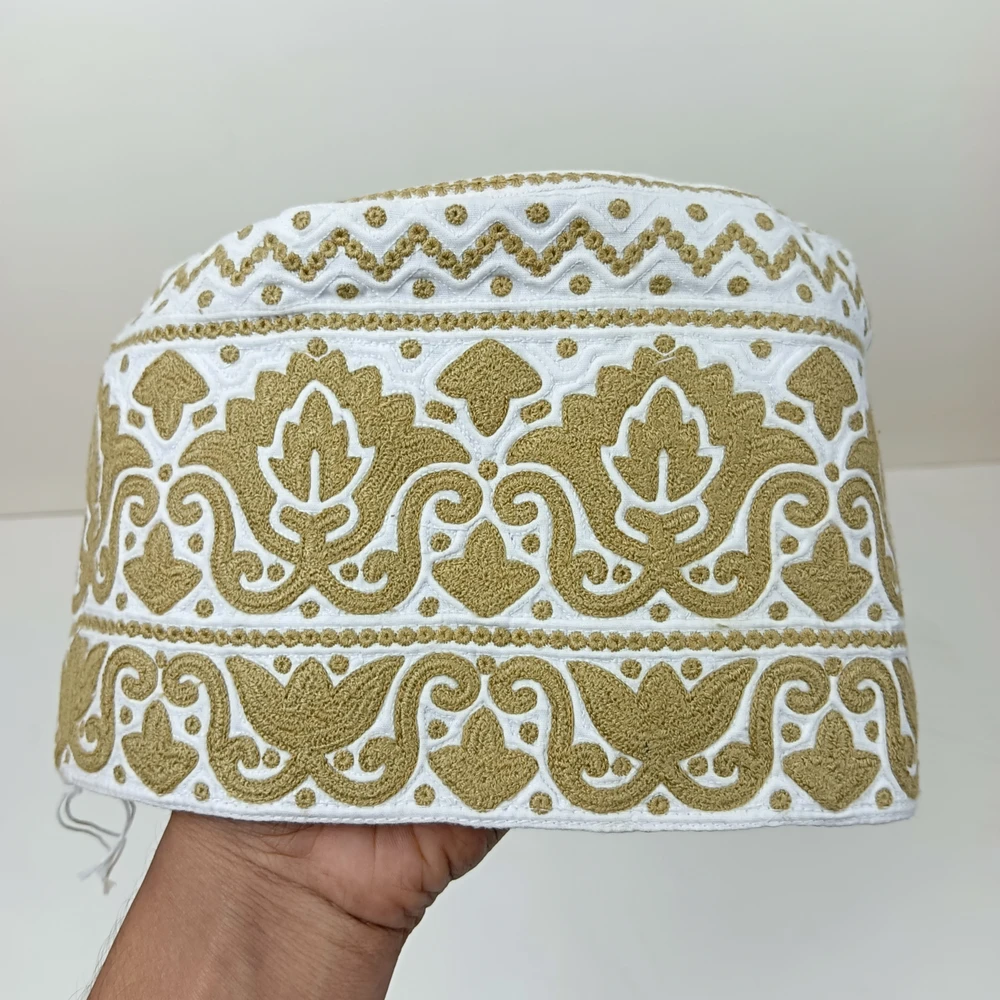Golden Khaki Omani Handmade Tupi | Size 58, Foldable & Adjustable Cap