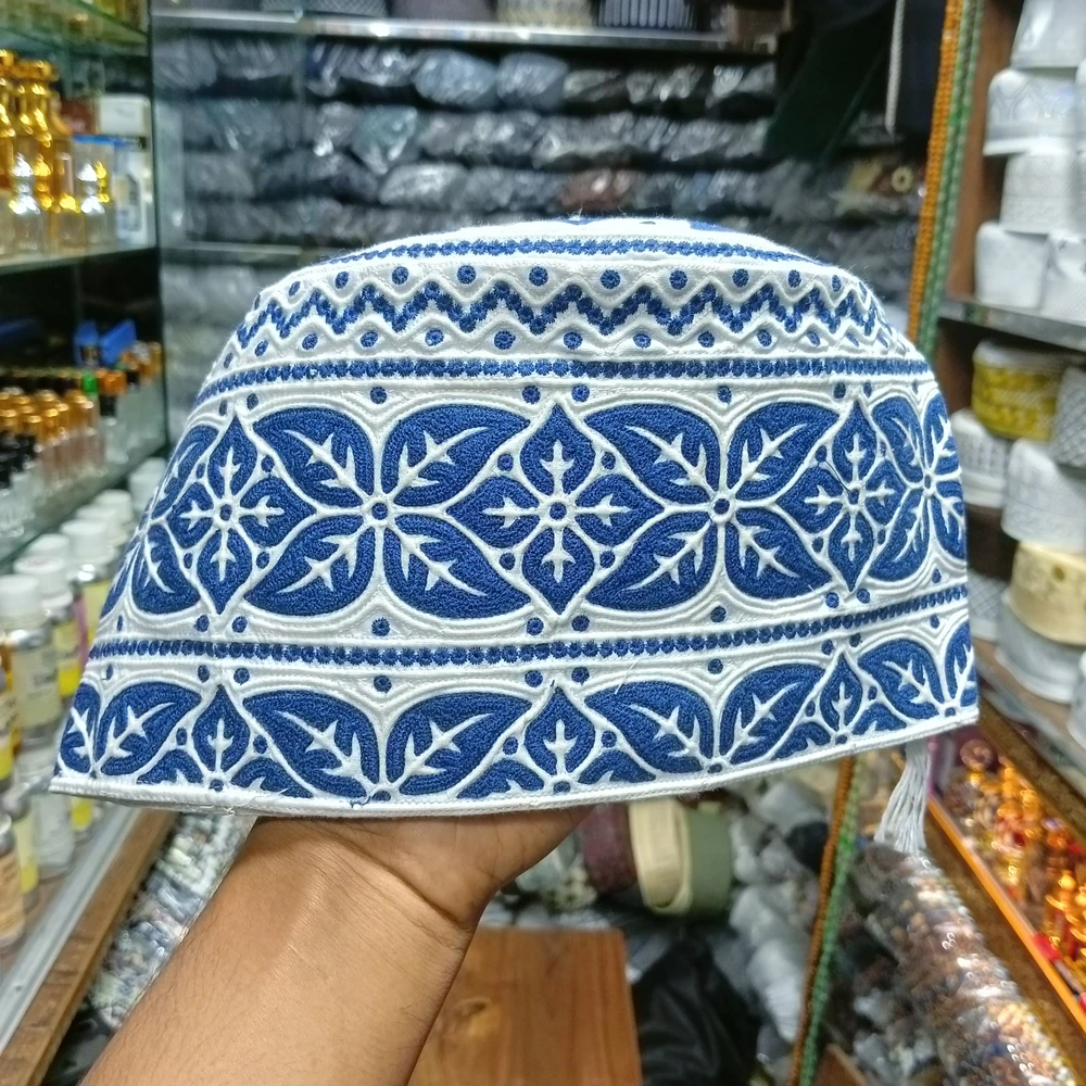 Blue Omani Handmade Tupi | Size 55, Foldable & Adjustable Cap