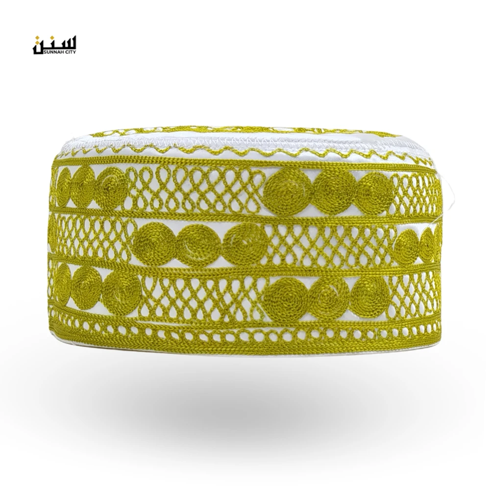 White Base Mustard Yellow Embroidery Azhari Tupi – Premium Islamic Cap