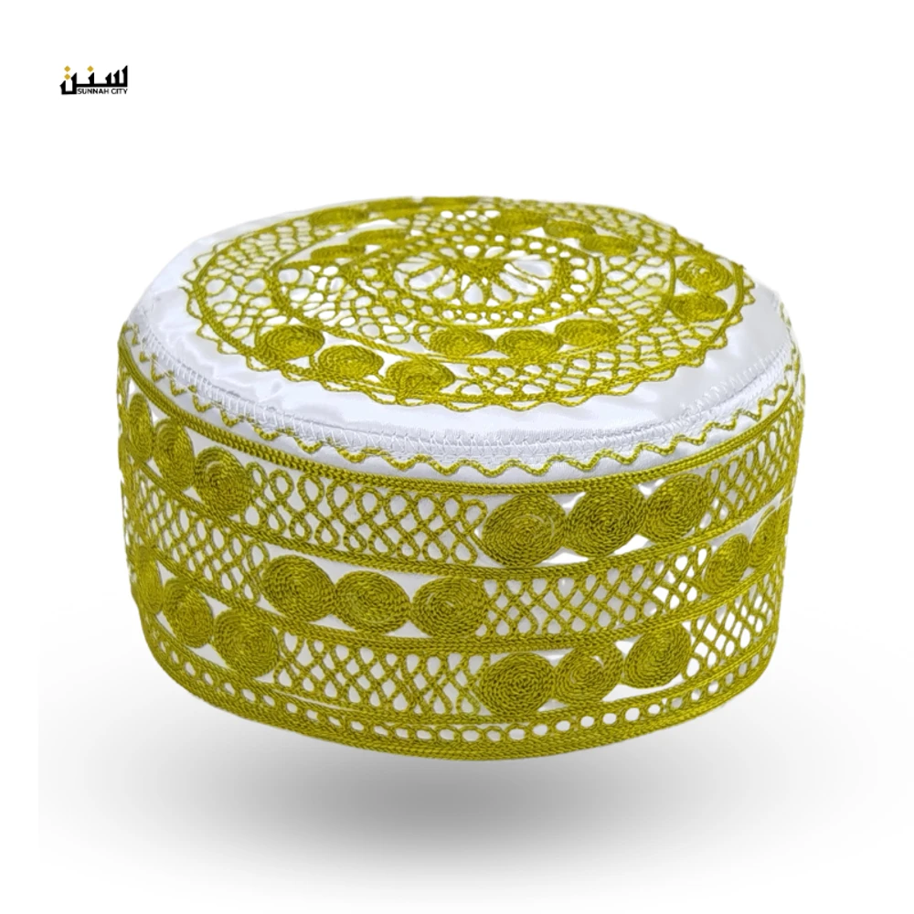 White Base Mustard Yellow Embroidery Azhari Tupi – Premium Islamic Cap