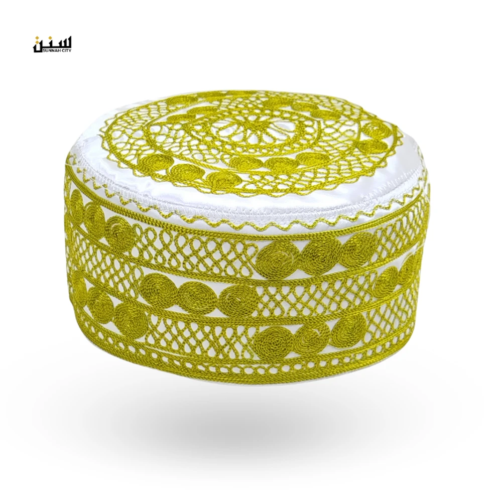White Base Mustard Yellow Embroidery Azhari Tupi – Premium Islamic Cap - Image 3