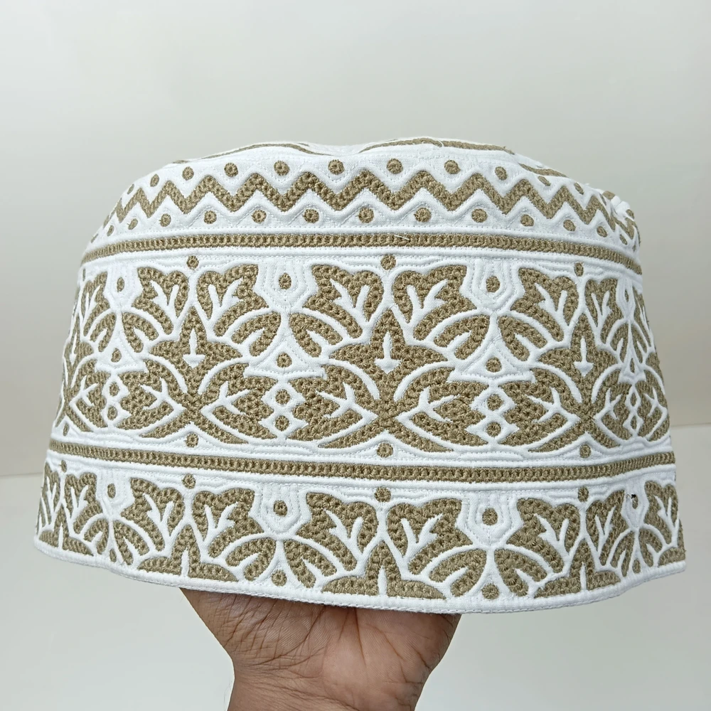 Khaki Brown Omani Handmade Tupi | Size 58, Foldable & Adjustable Cap