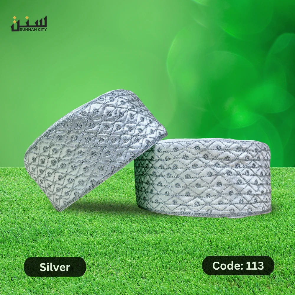 Stylish White & Silver Azhari Tupi – Sunnah City Premium Cap