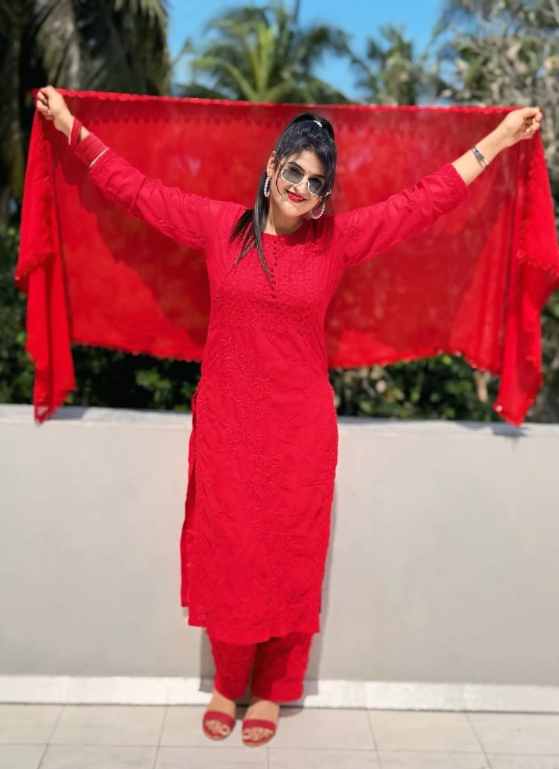 Elegant Red Embroidered 3piece Set