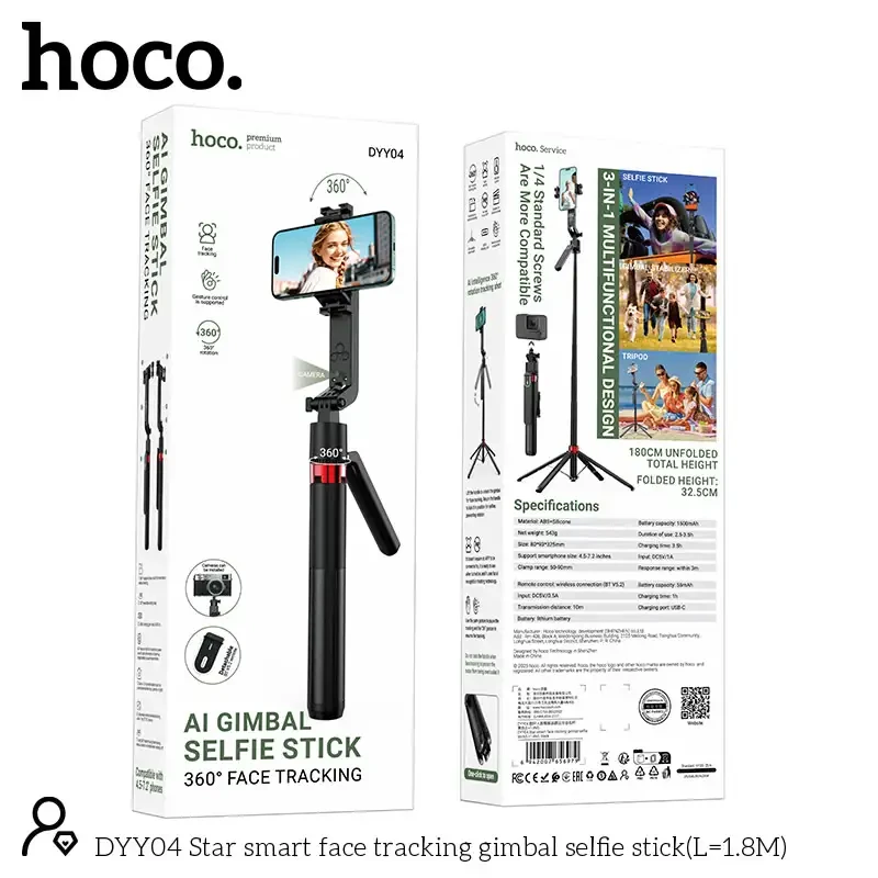 Hoco DYY04 Intelligent Face Tracking Selfie Stick 360 Degree Rotation Ai Gimbal Stabilizer with Remote Shutter Wireless Bluetooth Selfie Stick Tripod for Live Streaming