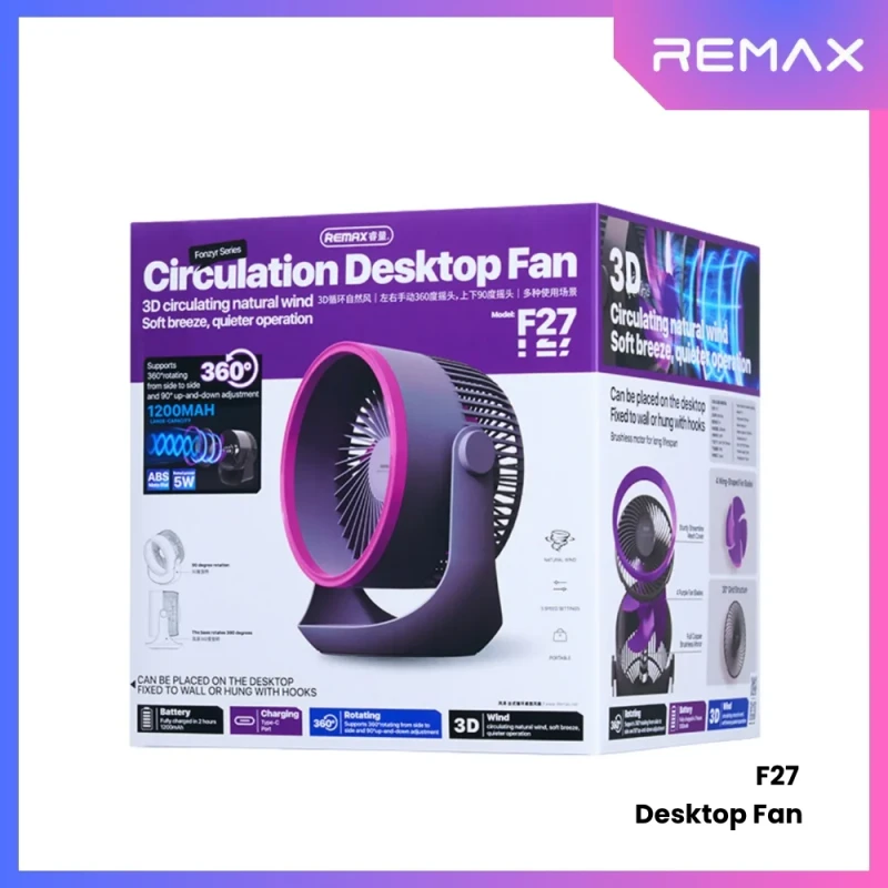 Remax Fonzyr Series F27 Desktop Fan Portable Fan USB Rechargeable Desktop Student Dormitory Office Ultra qua Portable Easy to Carry Fan AC DC Multi-Functional Desk Fan