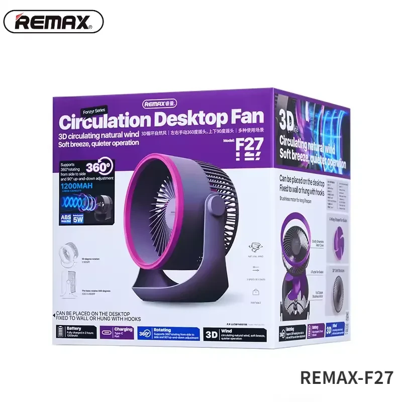 Remax Fonzyr Series F27 Desktop Fan Portable Fan USB Rechargeable Desktop Student Dormitory Office Ultra qua Portable Easy to Carry Fan AC DC Multi-Functional Desk Fan - Image 3