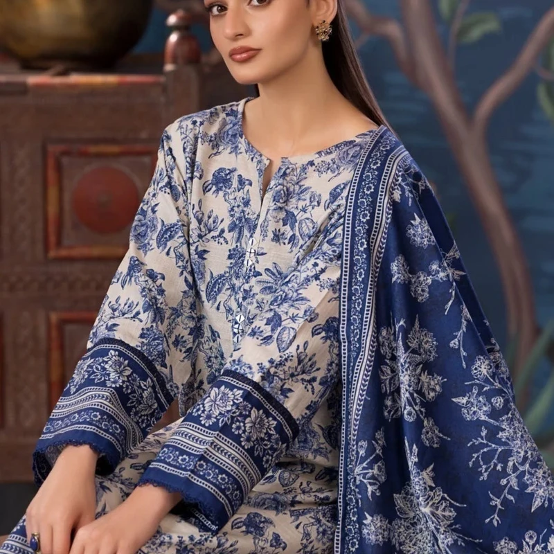 Printed Blue & White Cotton Three-Piece | The Velvet Closet - Image 3