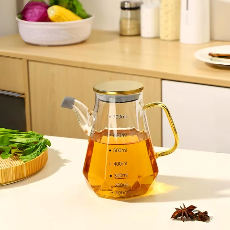Glass Oil and Vinegar Dispenser Cruet with Handle and Lid