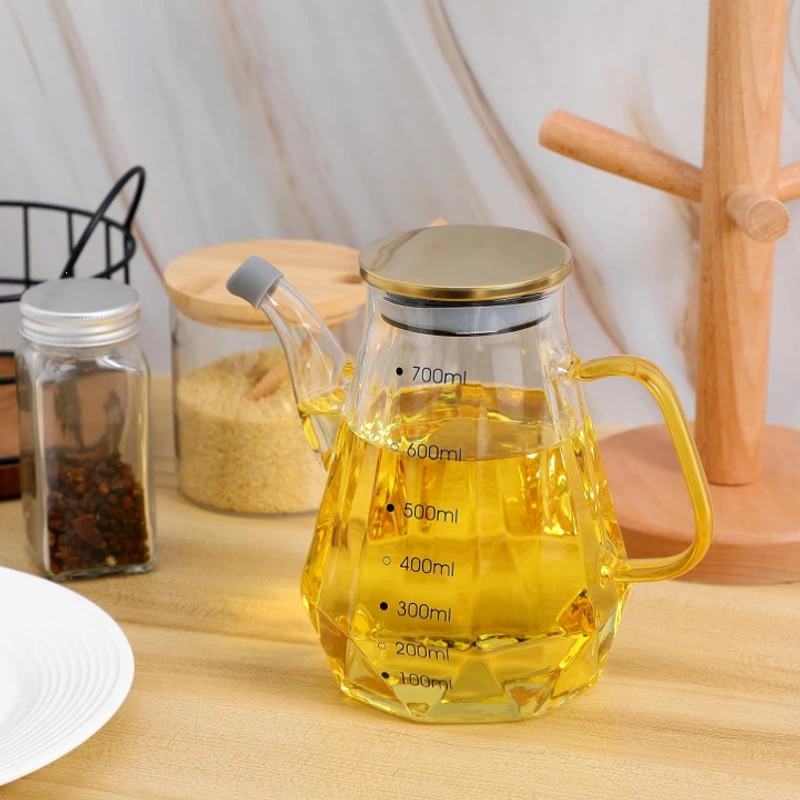 Glass Oil and Vinegar Dispenser Cruet with Handle and Lid