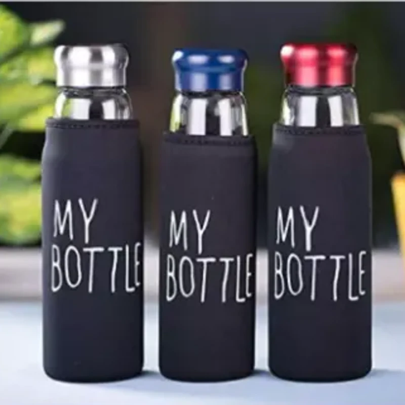 Crystal Clear Glass Water Bottle With Cover Bag My Bottle- 550ml