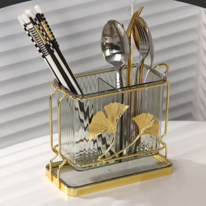 Home-Supplies Luxury Glass Utensil Holder with Gold Ginkgo Leaf Design, Kitchen Organiser with Metal Stand, Water Resistant