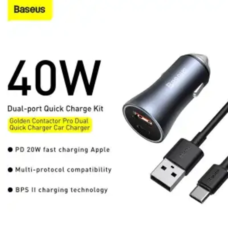 Baseus Golden Contactor Pro Dual Quick Charger Car Charger U+C 40W USB Type-C 5A 1.0m Cable Dark Gray TZCCJD-0G - Image 3