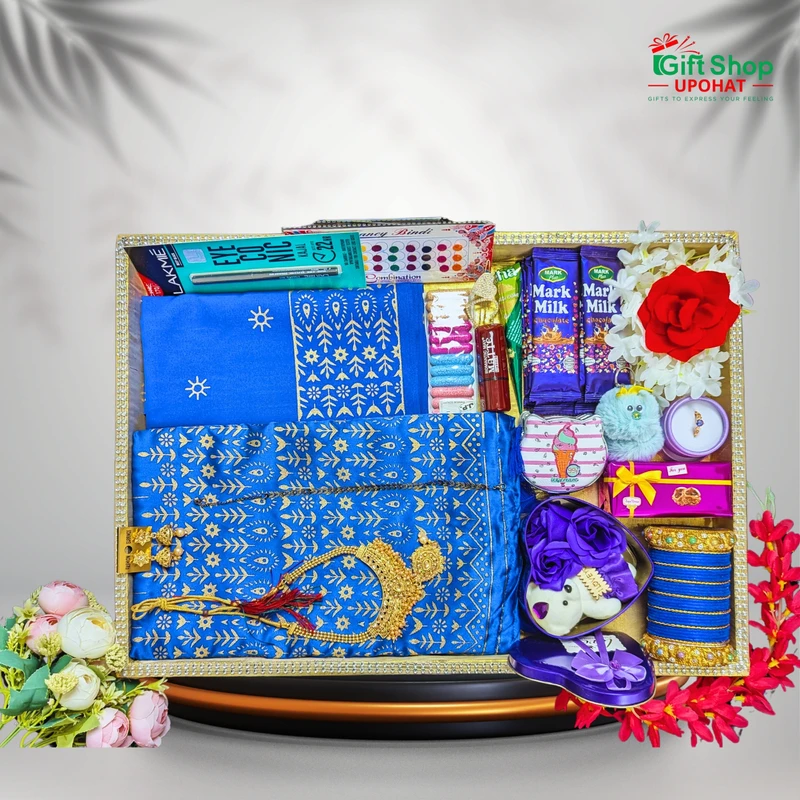 Printed Japanese Half Silk Saree Gift Box – Blue Ribbon Gold Combo | 20+ Gift Items