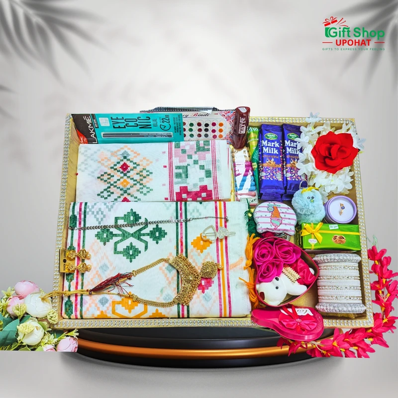 Japanese Half Silk Saree Gift Box – White Gold Combo | 20+ Gift Items