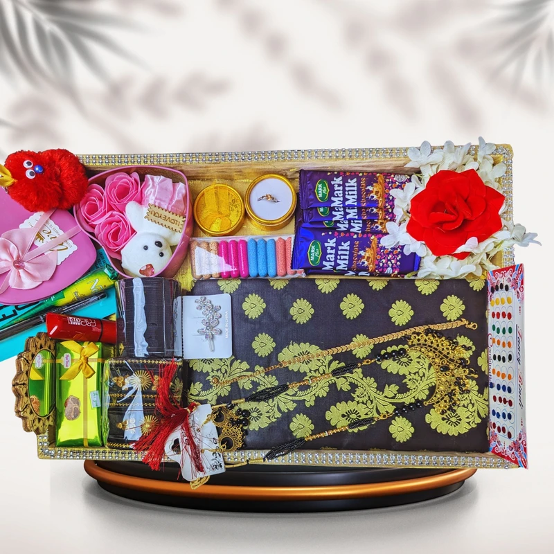 Black & Gold Katan Saree Gift Box – 20-Piece Luxury Gift Hamper for Women