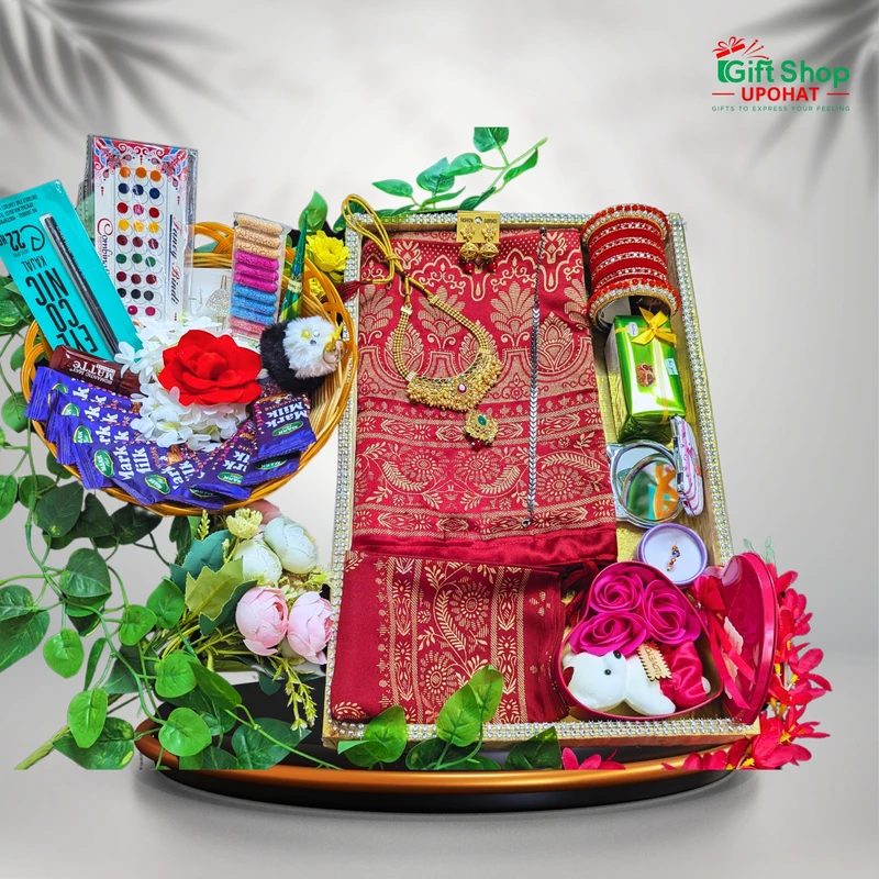 Printed Japanese Half Silk Saree Gift Box – Cardinal Gold Combo | 20+ Gift Items