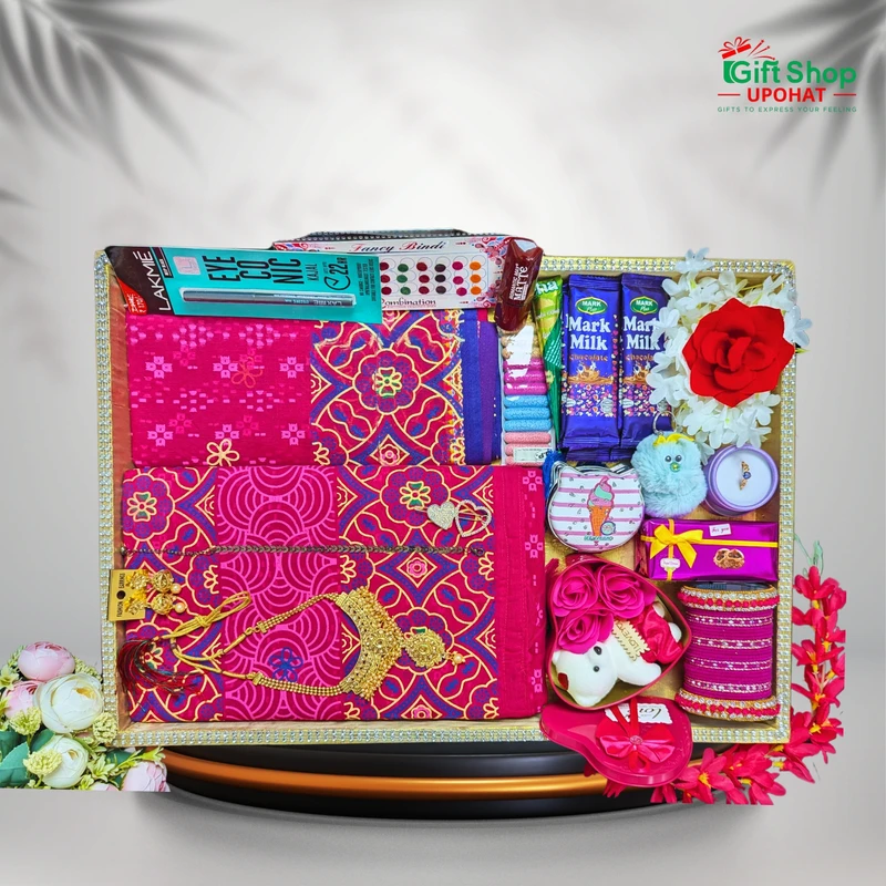 Nokshi Paar Saree Gift Box – Pink Gold Combo | 20 Premium Items - Image 1